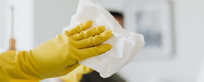 Unrecognizable man cleaning mirror in modern bathroom